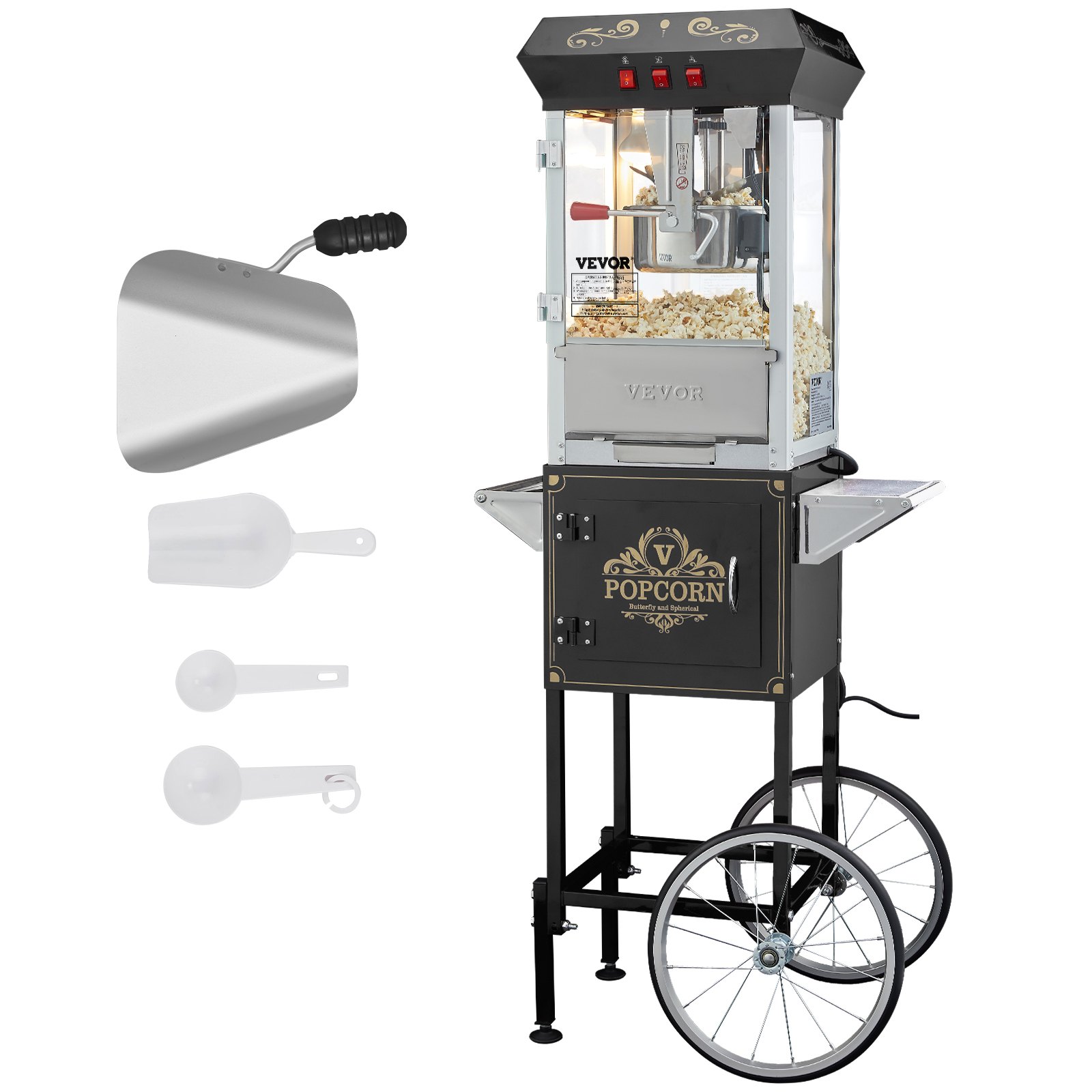 VEVOR Popcorn Maker with Cart, 850W Popcorn Popper Machine, 8 Oz Kettle Makes 48 Cups per Batch, Popcorn Maker Equipped with Tempered Glass, Includes 4 Scoops, Movie Theater Style, Black