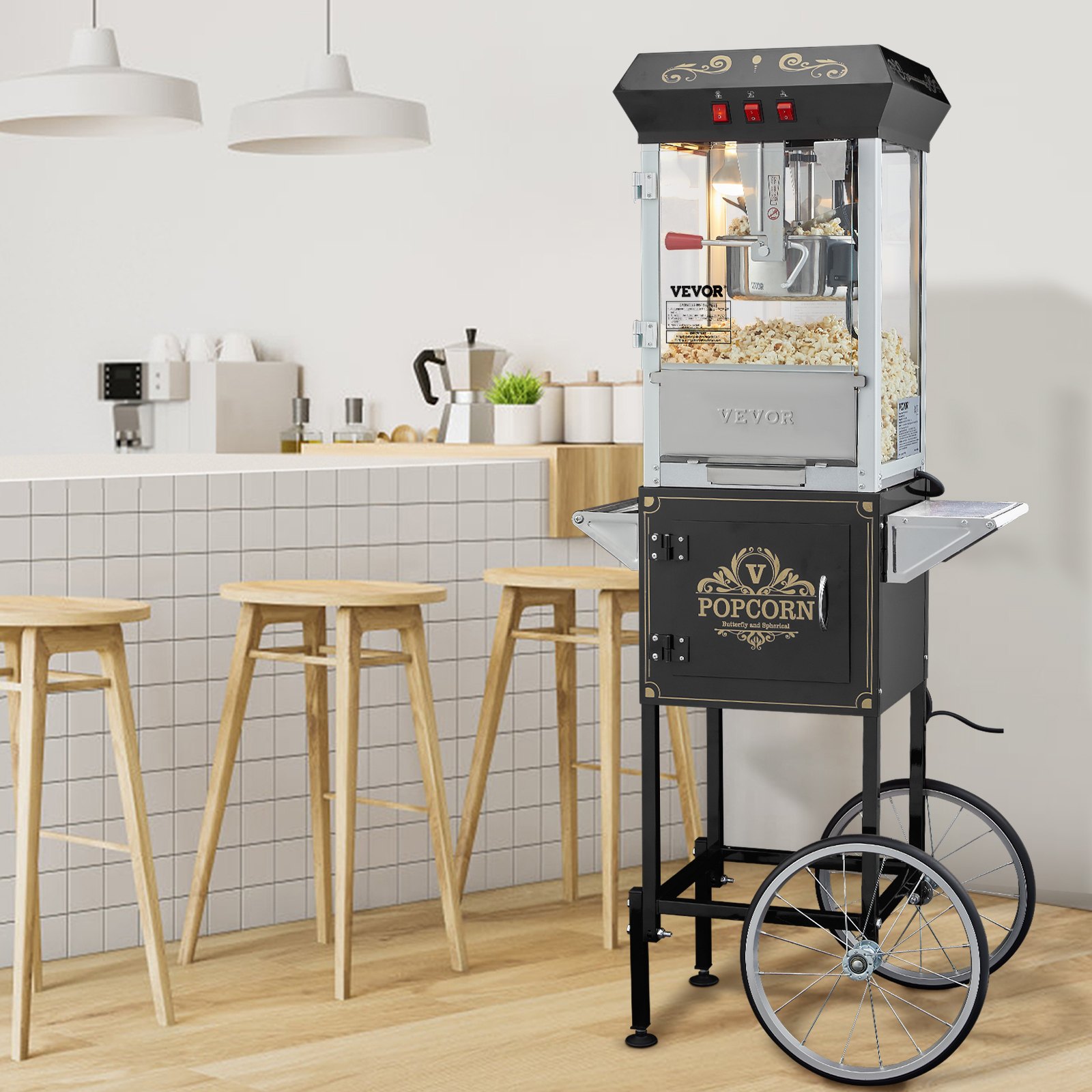 VEVOR Popcorn Maker with Cart, 850W Popcorn Popper Machine, 8 Oz Kettle Makes 48 Cups per Batch, Popcorn Maker Equipped with Tempered Glass, Includes 4 Scoops, Movie Theater Style, Black