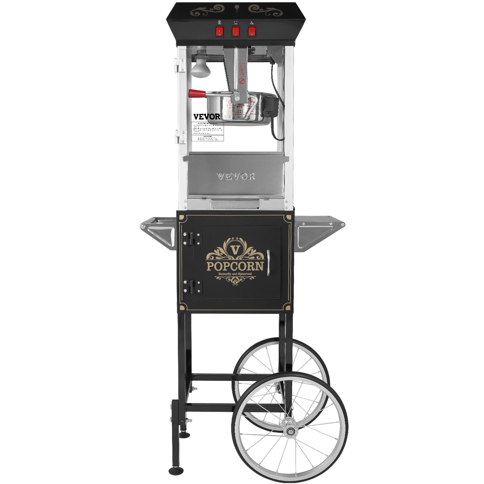 VEVOR Popcorn Maker with Cart, 850W Popcorn Popper Machine, 8 Oz Kettle Makes 48 Cups per Batch, Popcorn Maker Equipped with Tempered Glass, Includes 4 Scoops, Movie Theater Style, Black