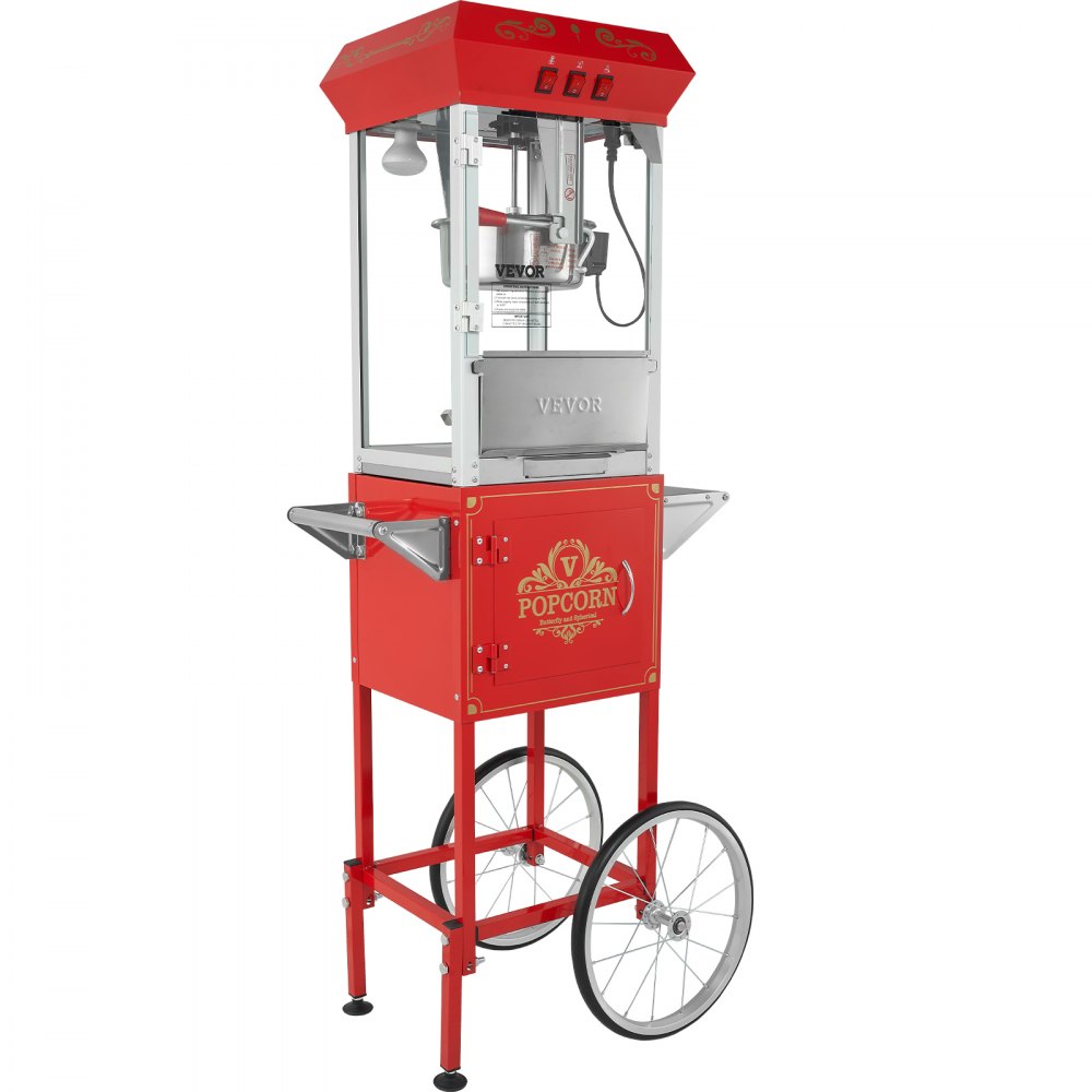 VEVOR Popcorn Maker with Cart, 850W Popcorn Popper Machine, 8 Oz Kettle Makes 48 Cups per Batch, Popcorn Maker Equipped with Tempered Glass, Includes 4 Scoops, Movie Theater Style, Red
