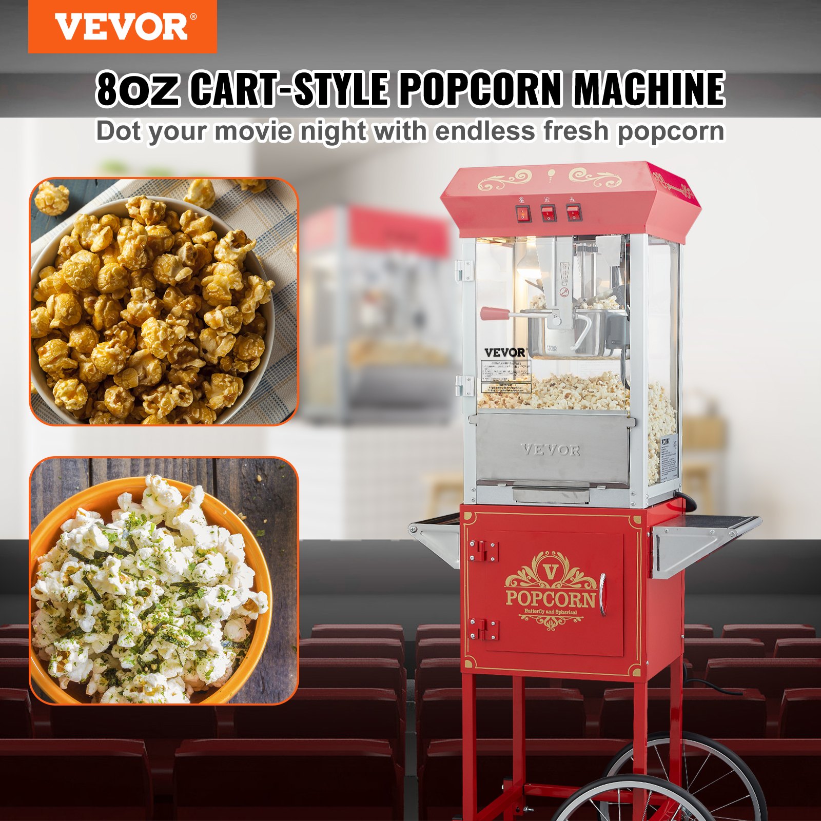 VEVOR Popcorn Maker with Cart, 850W Popcorn Popper Machine, 8 Oz Kettle Makes 48 Cups per Batch, Popcorn Maker Equipped with Tempered Glass, Includes 4 Scoops, Movie Theater Style, Red