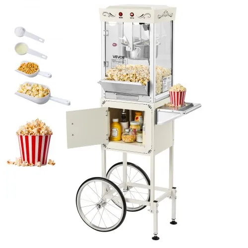 VEVOR Popcorn Machine with Cart, 8oz Stainless Steel Kettle, 800W Commercial Popcorn Maker, 48 Cups per Batch Theater Style Popper, with 2-Button Control Glass Wall PC Door 1 Scoop 3 Spoons, White