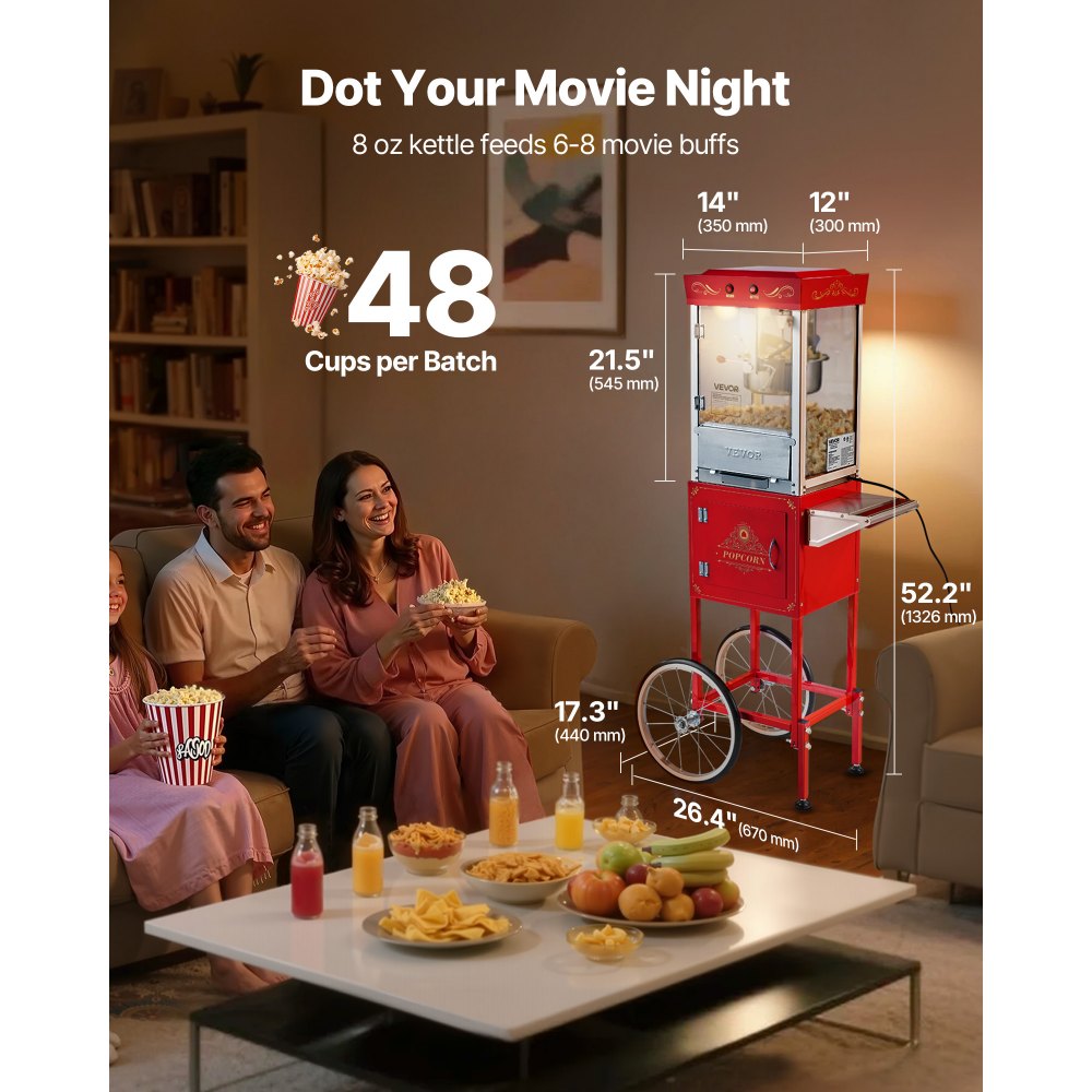 VEVOR Popcorn Machine with Cart, 0.2kg Stainless Steel Kettle, 800W Commercial Popcorn Maker, 48 Cups per Batch Theater Style Popper, with 2-Button Control Glass Wall PC Door 1 Scoop 3 Spoons, Red