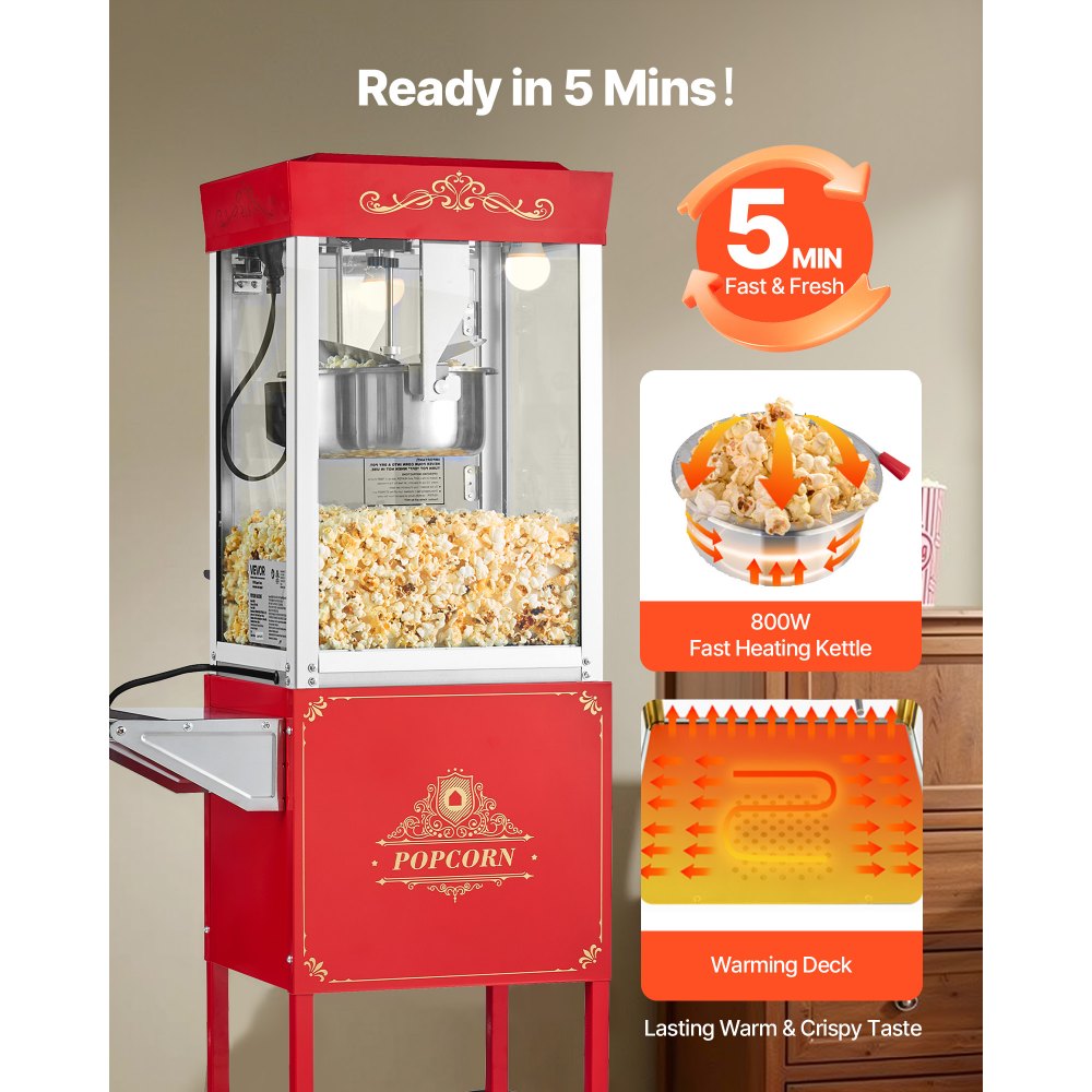VEVOR Popcorn Machine with Cart, 0.2kg Stainless Steel Kettle, 800W Commercial Popcorn Maker, 48 Cups per Batch Theater Style Popper, with 2-Button Control Glass Wall PC Door 1 Scoop 3 Spoons, Red
