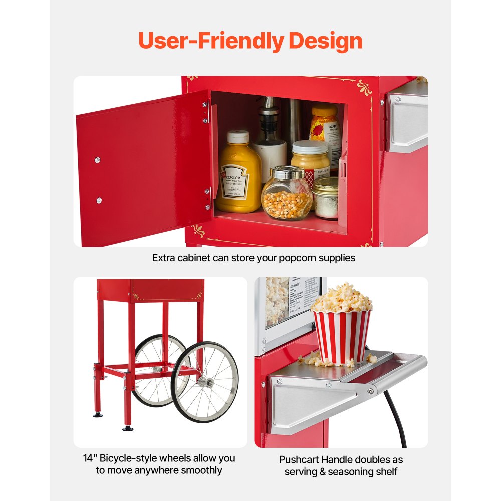 VEVOR Popcorn Machine with Cart, 0.2kg Stainless Steel Kettle, 800W Commercial Popcorn Maker, 48 Cups per Batch Theater Style Popper, with 2-Button Control Glass Wall PC Door 1 Scoop 3 Spoons, Red