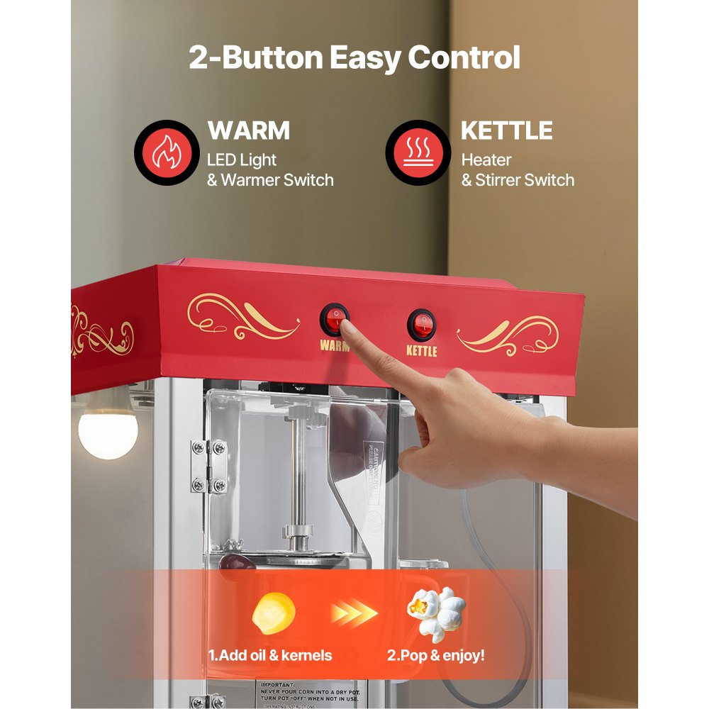 VEVOR Popcorn Machine with Cart, 0.2kg Stainless Steel Kettle, 800W Commercial Popcorn Maker, 48 Cups per Batch Theater Style Popper, with 2-Button Control Glass Wall PC Door 1 Scoop 3 Spoons, Red