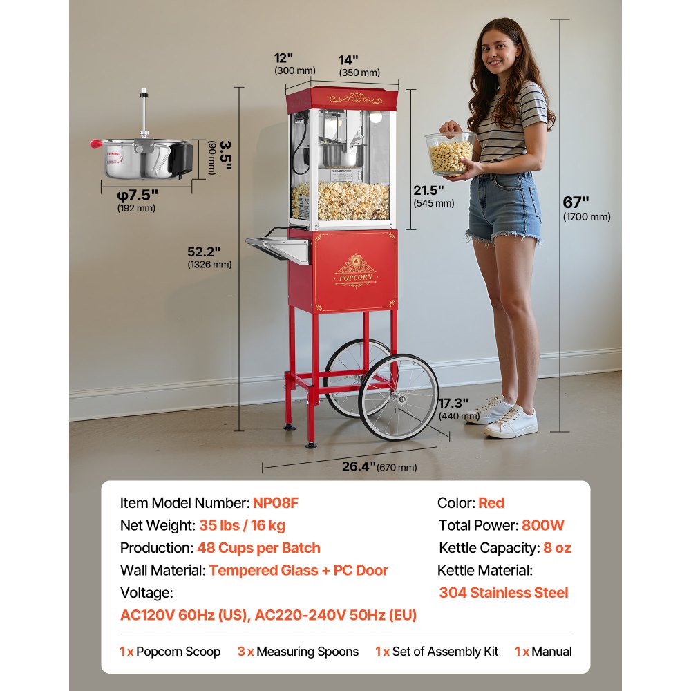 VEVOR Popcorn Machine with Cart, 0.2kg Stainless Steel Kettle, 800W Commercial Popcorn Maker, 48 Cups per Batch Theater Style Popper, with 2-Button Control Glass Wall PC Door 1 Scoop 3 Spoons, Red