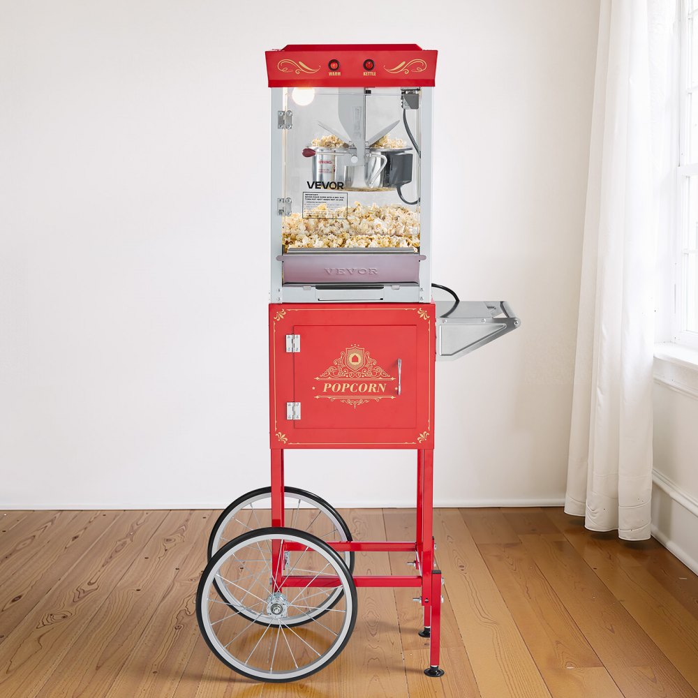 VEVOR Popcorn Machine with Cart, 0.2kg Stainless Steel Kettle, 800W Commercial Popcorn Maker, 48 Cups per Batch Theater Style Popper, with 2-Button Control Glass Wall PC Door 1 Scoop 3 Spoons, Red