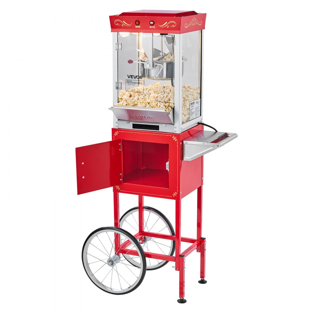 VEVOR Popcorn Machine with Cart, 0.2kg Stainless Steel Kettle, 800W Commercial Popcorn Maker, 48 Cups per Batch Theater Style Popper, with 2-Button Control Glass Wall PC Door 1 Scoop 3 Spoons, Red