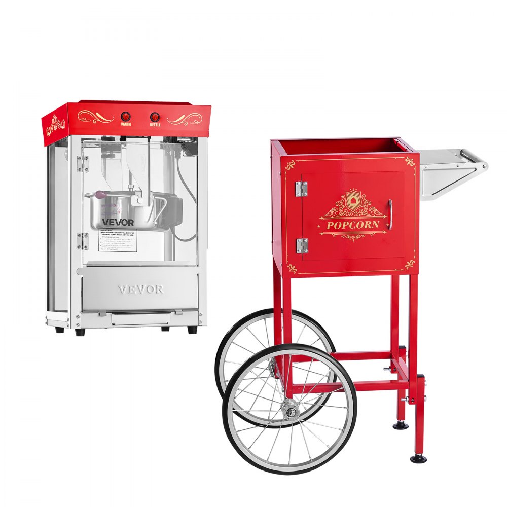 VEVOR Popcorn Machine with Cart, 0.2kg Stainless Steel Kettle, 800W Commercial Popcorn Maker, 48 Cups per Batch Theater Style Popper, with 2-Button Control Glass Wall PC Door 1 Scoop 3 Spoons, Red