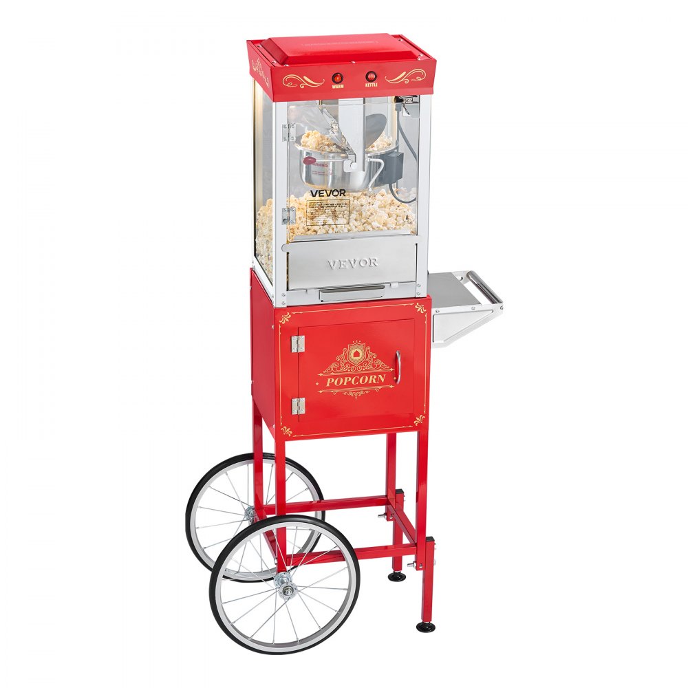 VEVOR Popcorn Machine with Cart, 0.2kg Stainless Steel Kettle, 800W Commercial Popcorn Maker, 48 Cups per Batch Theater Style Popper, with 2-Button Control Glass Wall PC Door 1 Scoop 3 Spoons, Red