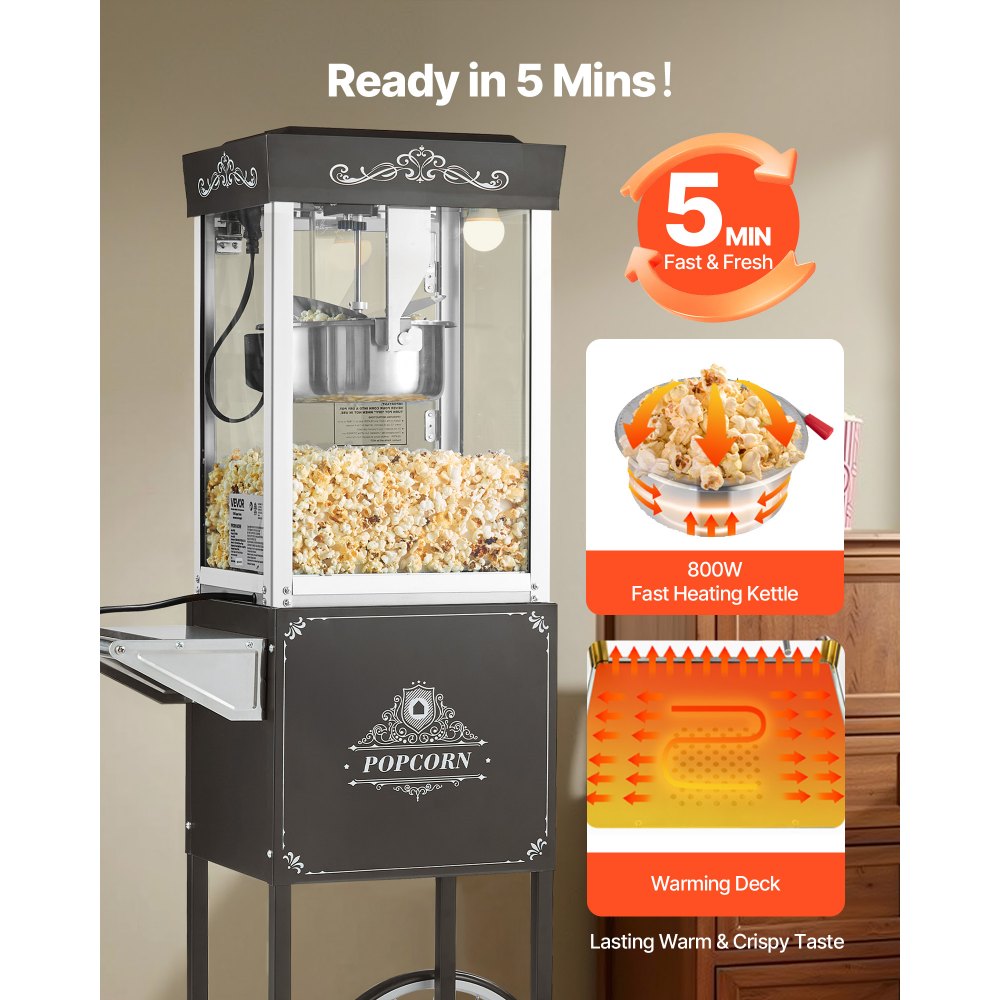 VEVOR Popcorn Machine with Cart, 0.2kg Stainless Steel Kettle, 800W Commercial Popcorn Maker, 48 Cups per Batch Theater Style Popper, with 2-Button Control Glass Wall PC Door 1 Scoop 3 Spoons, Black
