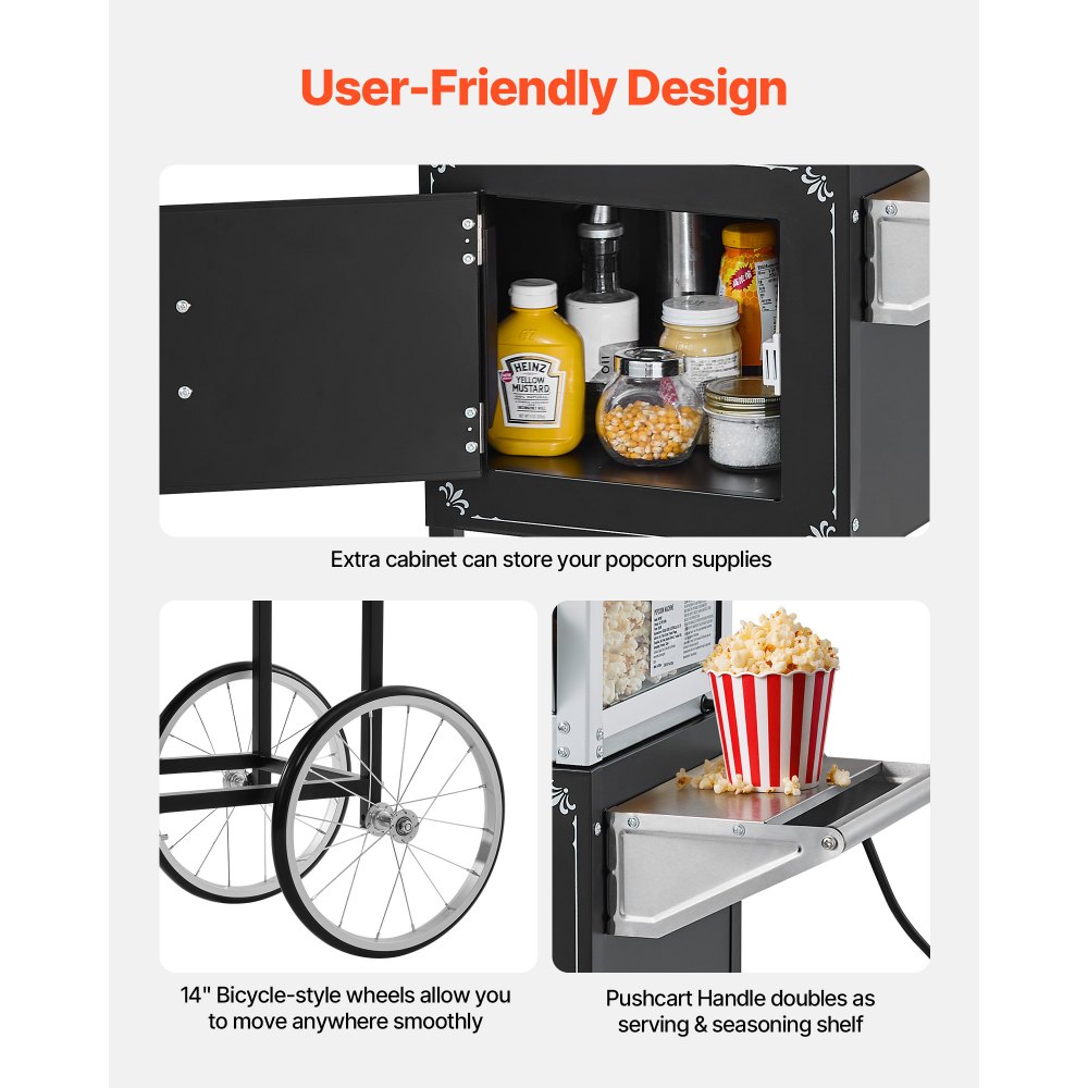 VEVOR Popcorn Machine with Cart, 0.2kg Stainless Steel Kettle, 800W Commercial Popcorn Maker, 48 Cups per Batch Theater Style Popper, with 2-Button Control Glass Wall PC Door 1 Scoop 3 Spoons, Black