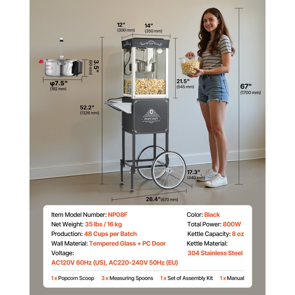 VEVOR Popcorn Machine with Cart, 0.2kg Stainless Steel Kettle, 800W Commercial Popcorn Maker, 48 Cups per Batch Theater Style Popper, with 2-Button Control Glass Wall PC Door 1 Scoop 3 Spoons, Black