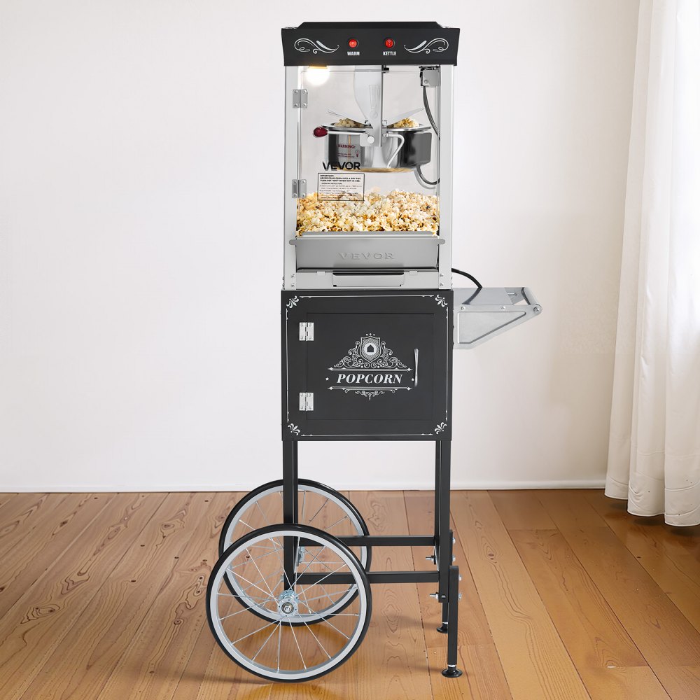 VEVOR Popcorn Machine with Cart, 0.2kg Stainless Steel Kettle, 800W Commercial Popcorn Maker, 48 Cups per Batch Theater Style Popper, with 2-Button Control Glass Wall PC Door 1 Scoop 3 Spoons, Black