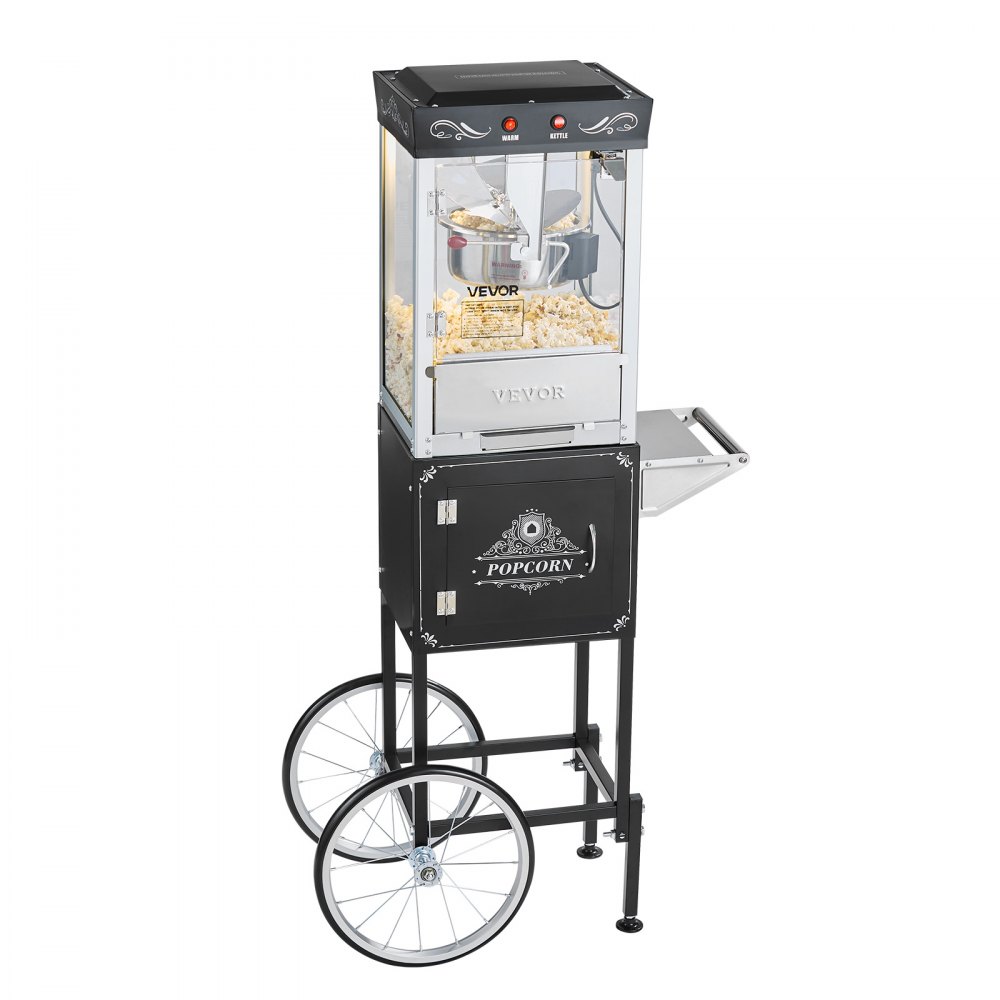VEVOR Popcorn Machine with Cart, 0.2kg Stainless Steel Kettle, 800W Commercial Popcorn Maker, 48 Cups per Batch Theater Style Popper, with 2-Button Control Glass Wall PC Door 1 Scoop 3 Spoons, Black