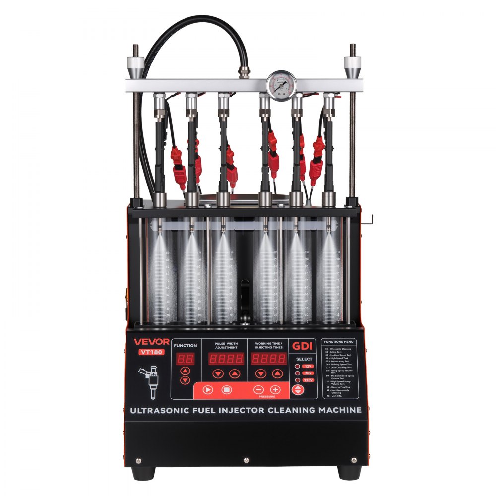 VEVOR Fuel Injector Cleaner Tester, 9 Test Modes, 6-Cylinder 28kHz Ultrasonic Cleaning Machine Adjustable 12V/70V/120V for EFI/FSI/GDI, Injector Cleaner Machine with Drain Valve for Car & Motorcycle