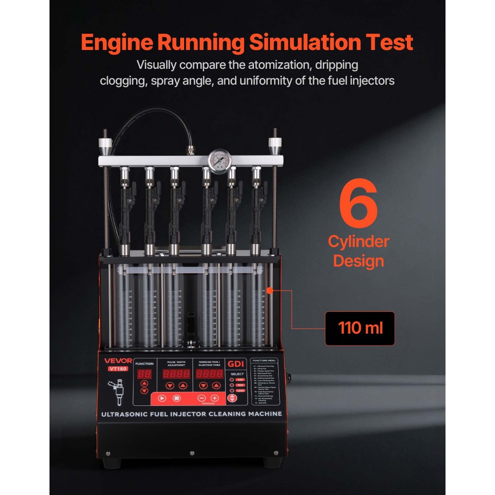 VEVOR Fuel Injector Cleaner Tester, 9 Test Modes, 6-Cylinder 28kHz Ultrasonic Cleaning Machine Adjustable 12V/70V/120V for EFI/FSI/GDI, Injector Cleaner Machine with Drain Valve for Car & Motorcycle