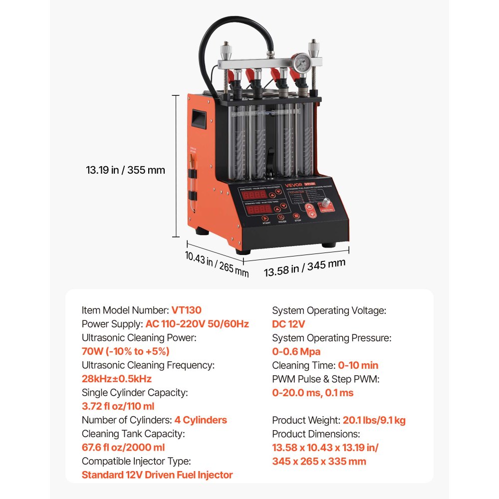 VEVOR Fuel Injector Cleaner Tester, 9 Test Modes, 4-Cylinder 28kHz Ultrasonic Cleaning Machine, Automotive Injector Cleaner Machine with Drain Valve and 12V Working Voltage for Car and Motorcycle