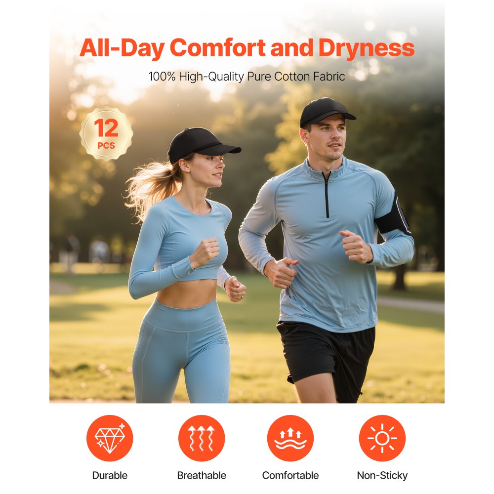 VEVOR Baseball Cap, Plain Baseball Hat with Breathable Pure Cotton Fabric, Adjustable Size, Blank 12 Pack Bulk Caps Ideal for Running, Workouts or Outdoor Activities, 12 Pcs, Black