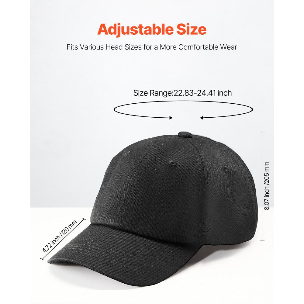 VEVOR Baseball Cap, Plain Baseball Hat with Breathable Pure Cotton Fabric, Adjustable Size, Blank 12 Pack Bulk Caps Ideal for Running, Workouts or Outdoor Activities, 12 Pcs, Black
