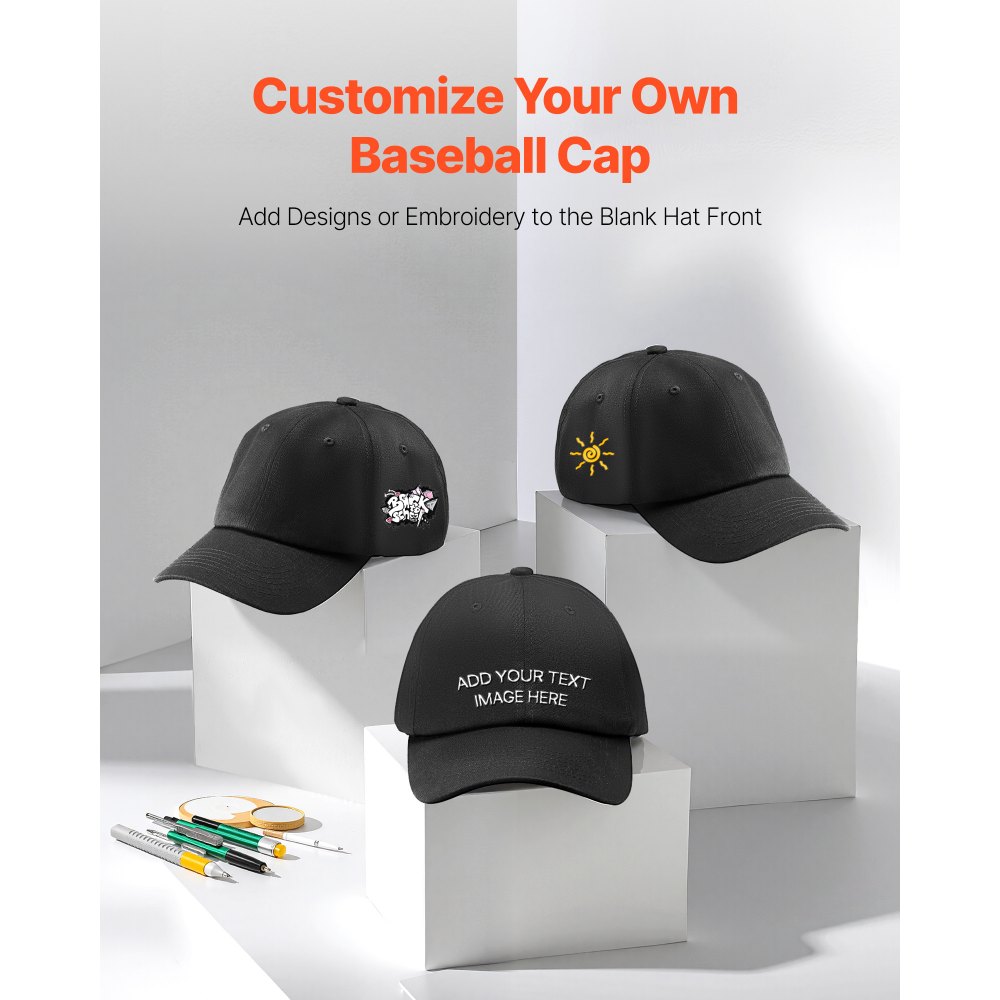 VEVOR Baseball Cap, Plain Baseball Hat with Breathable Pure Cotton Fabric, Adjustable Size, Blank 12 Pack Bulk Caps Ideal for Running, Workouts or Outdoor Activities, 12 Pcs, Black