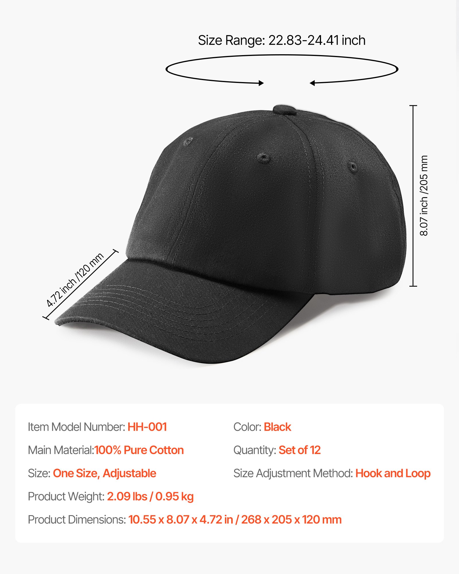 VEVOR Baseball Cap, Plain Baseball Hat with Breathable Pure Cotton Fabric, Adjustable Size, Blank 12 Pack Bulk Caps Ideal for Running, Workouts or Outdoor Activities, 12 Pcs, Black