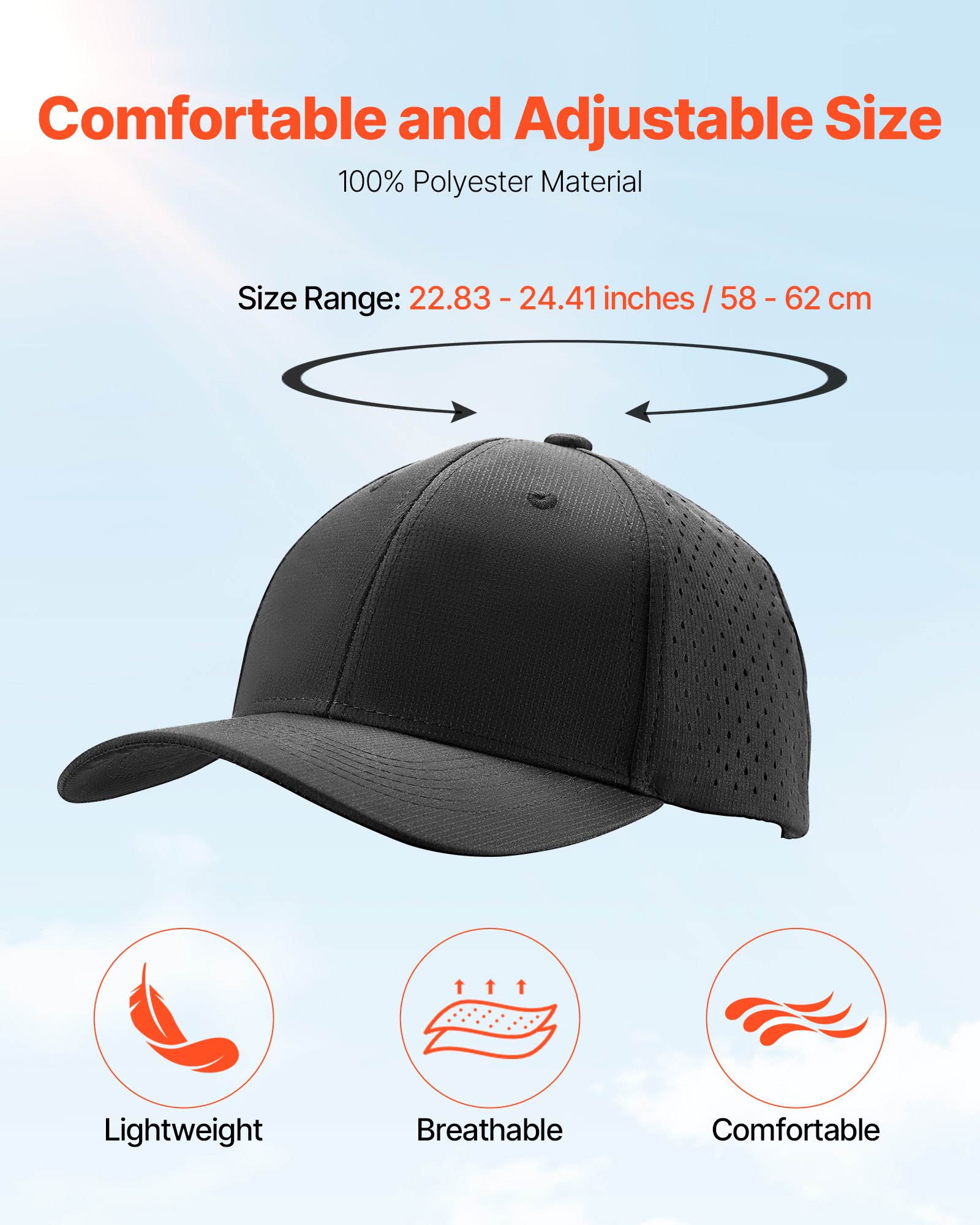 VEVOR Baseball Cap, Plain Baseball Hat with Breathable Fabric, Adjustable Size, Lightweight Summer Thin Sports Caps Ideal for Running, Workouts, or Outdoor Activities, 1 Pc, Black