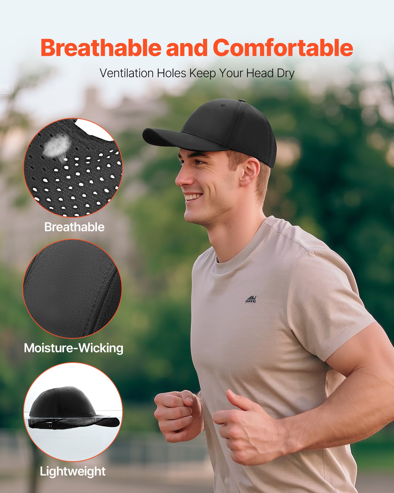 VEVOR Baseball Cap, Plain Baseball Hat with Breathable Fabric, Adjustable Size, Lightweight Summer Thin Sports Caps Ideal for Running, Workouts, or Outdoor Activities, 1 Pc, Black