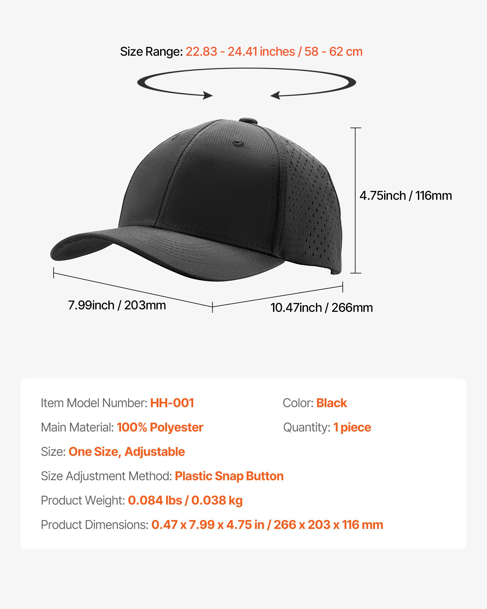 VEVOR Baseball Cap, Plain Baseball Hat with Breathable Fabric, Adjustable Size, Lightweight Summer Thin Sports Caps Ideal for Running, Workouts, or Outdoor Activities, 1 Pc, Black