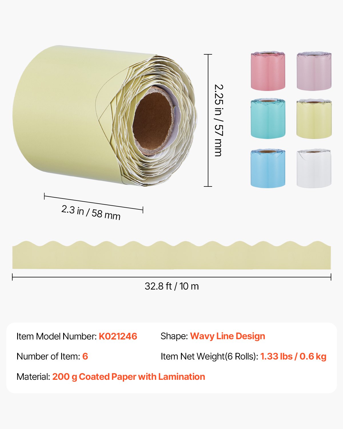 VEVOR Bulletin Board Borders, 6 Rolls 32.8 Feet Scalloped Bulletin Board Borders, Boho Rolled Border Trim with Wavy Line Design, Colorful Pastel Borders for School Classroom Party & Wall Decoration