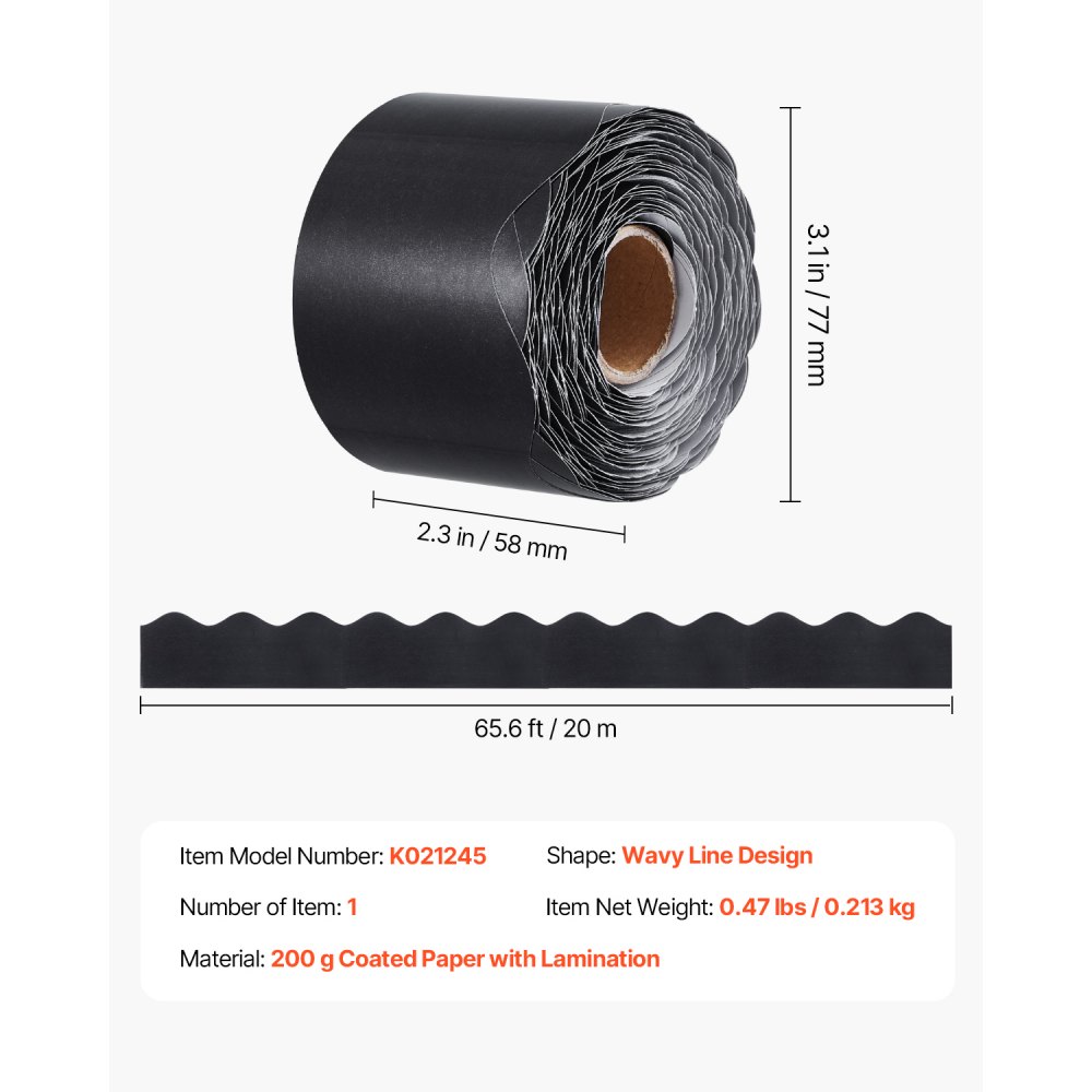 VEVOR Bulletin Board Border, 65.6 Feet Rolled Border Trim, Scalloped Bulletin Board Paper with Wavy Line Design, Classroom Border for Bulletin Board, School, Classroom, and Locker Decoration, Black