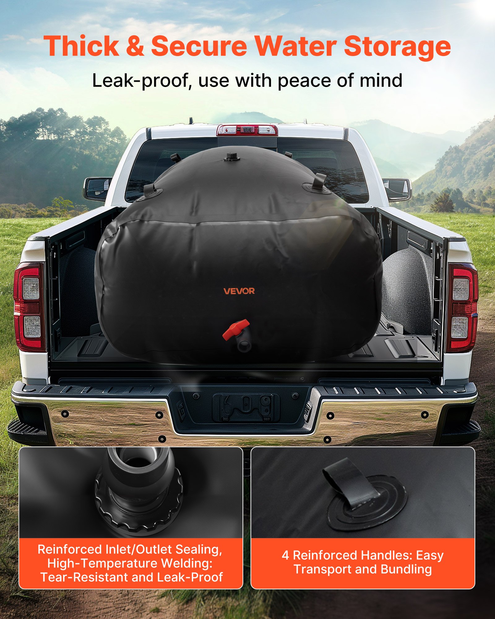 VEVOR Water Storage Bladder, 264 Gallon (1000L) Water Storage Container Tank, 1000D PVC Large Capacity Soft Bag Bladder, Collapsible Portable for Garden Irrigation, Camping, RV, Emergency Use - Black