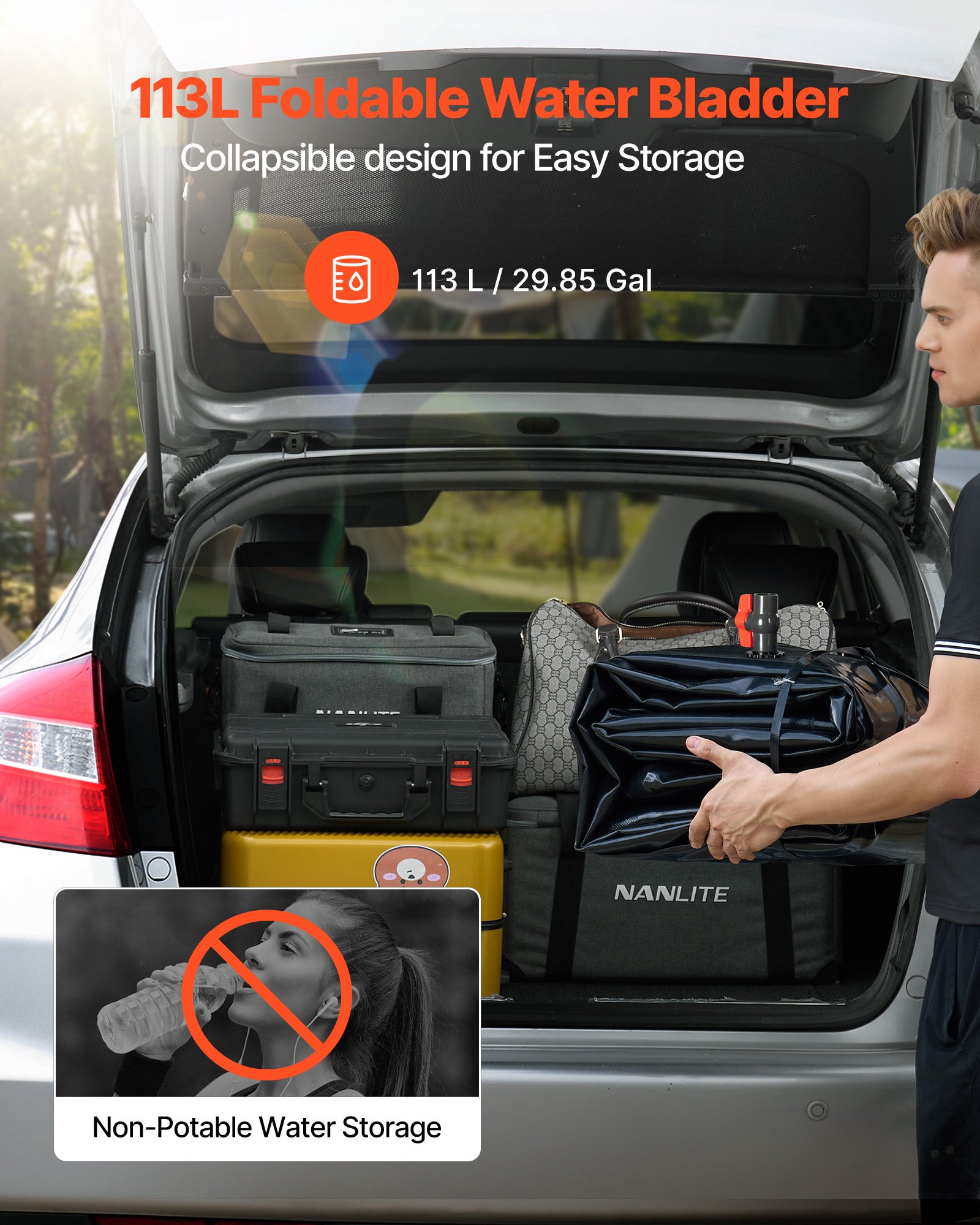 VEVOR Water Storage Bladder, 29.85 Gallon (113L) Water Storage Container Tank, 1000D PVC Thickened Soft Bag Bladder, Collapsible Portable for Garden Irrigation, Camping, RVs, Emergency Use - Black