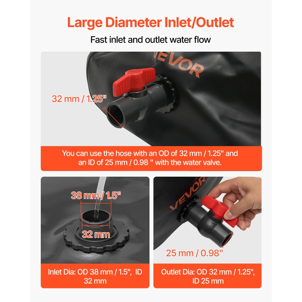 VEVOR Water Storage Bladder, 240L Water Storage Container Tank, 1000D PVC Large Capacity Soft Bag Bladder, Collapsible Portable for Garden Irrigation, Camping, RVs, Emergency Use - Black