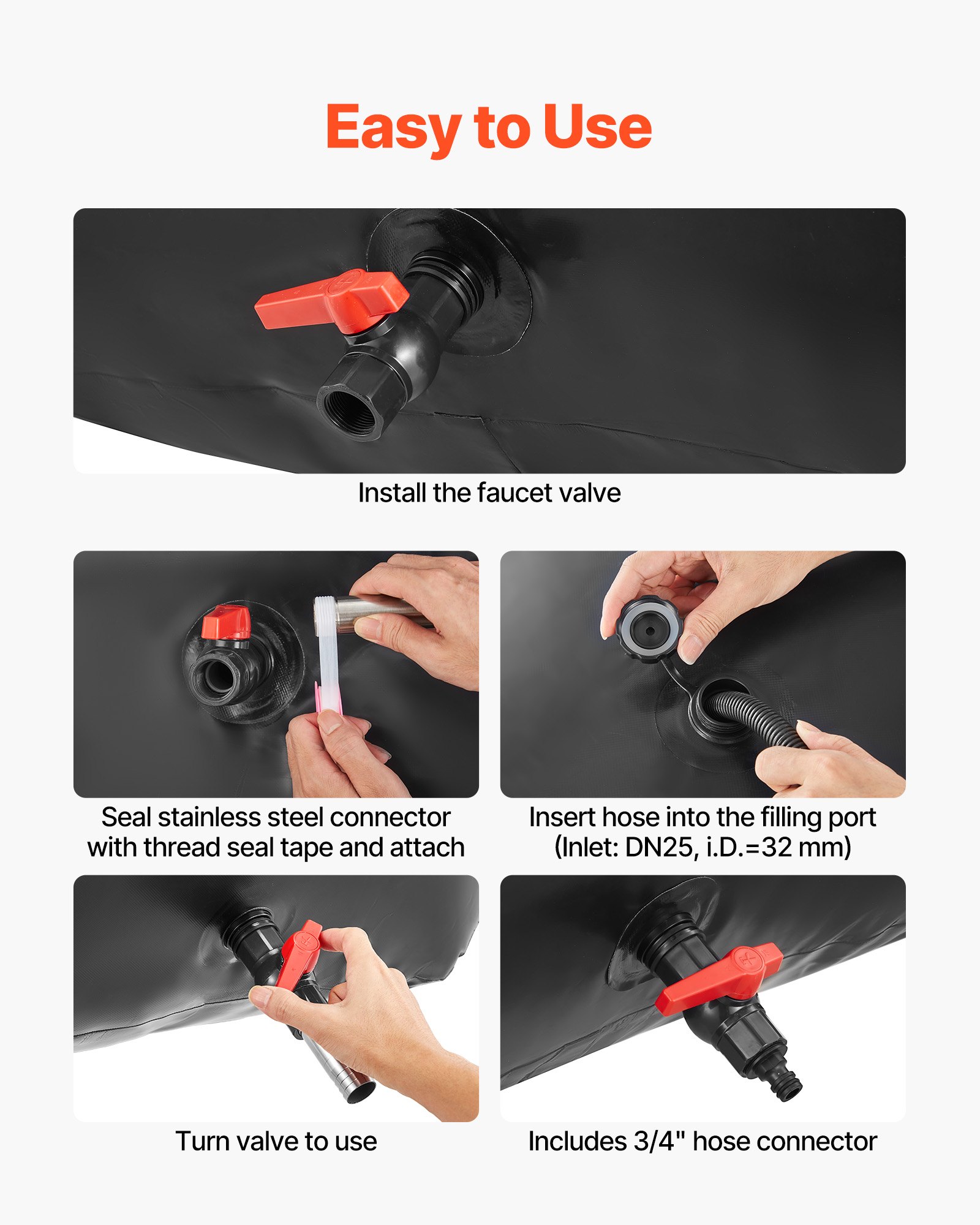 VEVOR Water Storage Bladder, 240L Portable & Collapsible Water Storage Bag, Wear-Resistant 1000D PVC Soft Waters Bag, Leakproof Camping Tank Containers for Garden Irrigation RV Emergency Use, Black