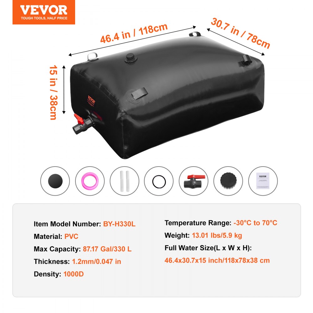 VEVOR 330L/87.17 Gallon Water Storage Bladder, RV Water Tank, 1000D PVC Collapsible Water Storage Containers, Large Capacity Soft Water Bag, Portable Water Bladder, Fire Prevention, Camping, Emergency