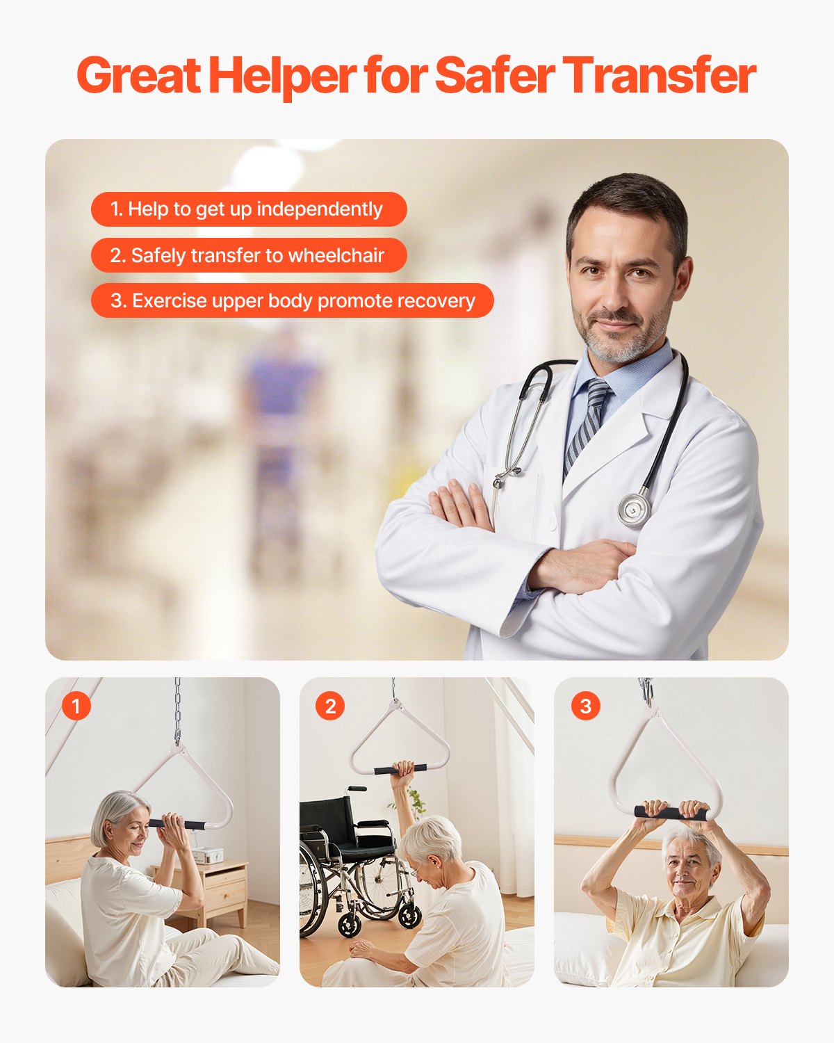 VEVOR Trapeze Bar for Bed Mobility, Medical Bed Trapeze with Clamps & Metal Chain, 250LBS Weight Capacity Pull Up Assist Bar for Elderly & Disabled, Ideal for Home Care, Hospitals, Nursing Homes