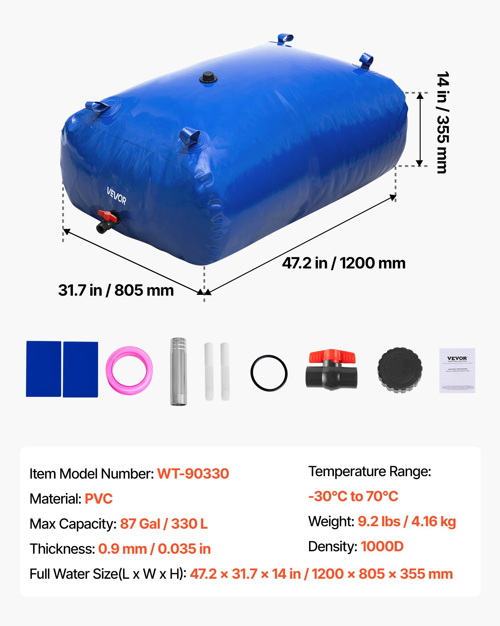 VEVOR Water Storage Bladder, 330L Water Storage Container Tank, 1000D PVC Large Capacity Soft Bag Bladder, Collapsible Portable for Garden Irrigation, Camping, RVs, Fire Prevention (Blue)