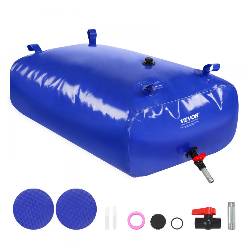 blue VEVOR water tank with accessories including valves, patches, and fittings.