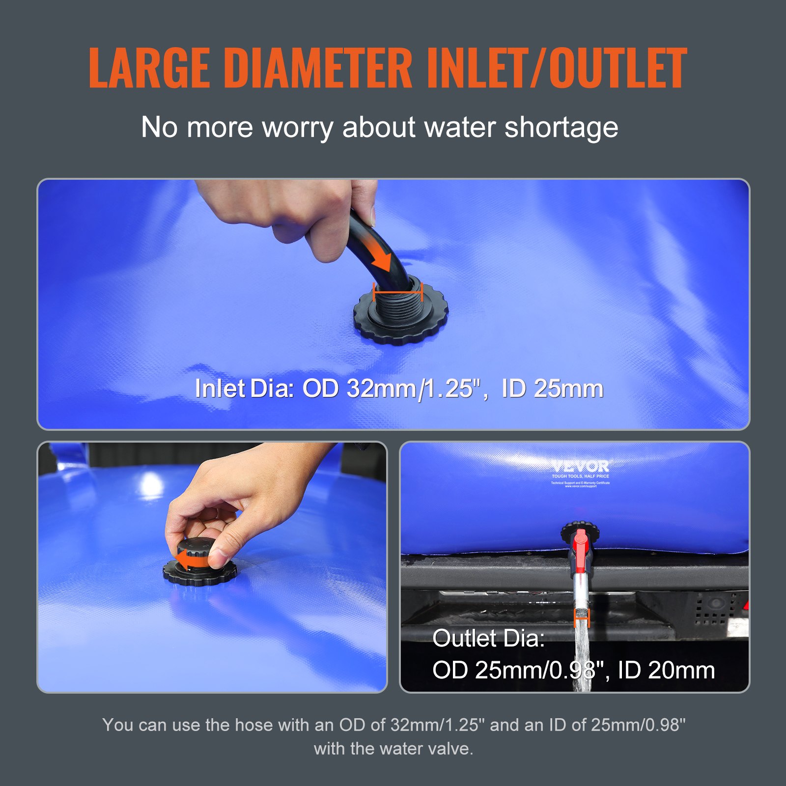VEVOR water tank with large diameter inlet/outlet, od 32mm/1.25&quot;, id 25mm, and od 25mm/0.98&quot; outlet.