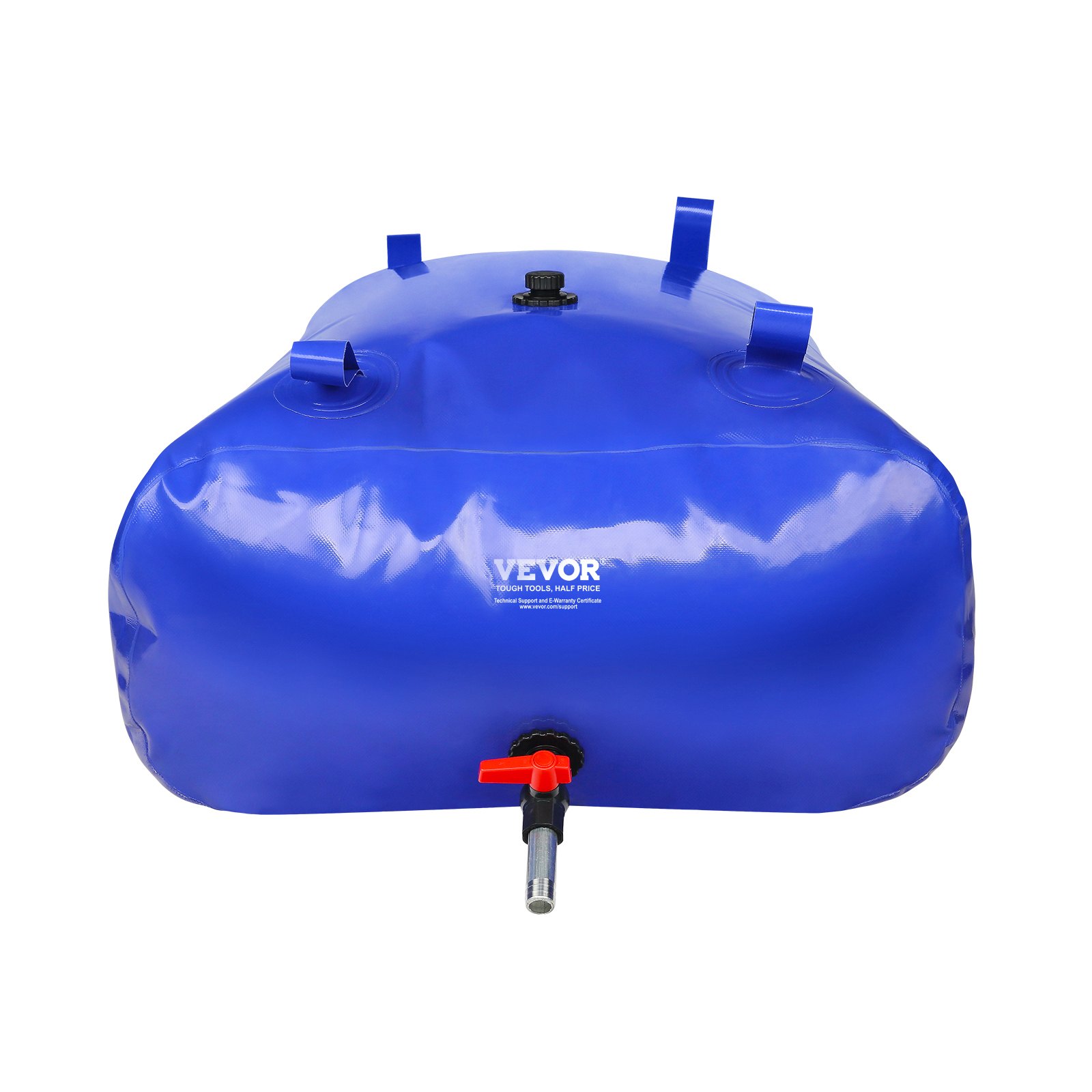 blue VEVOR water tank with handles and a red valve spout.