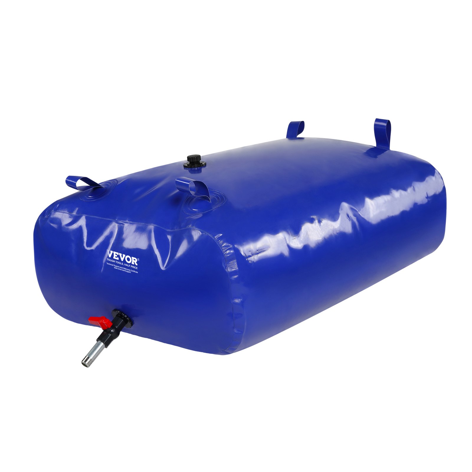 blue VEVOR water tank with spout, handles, and valve on a white background.
