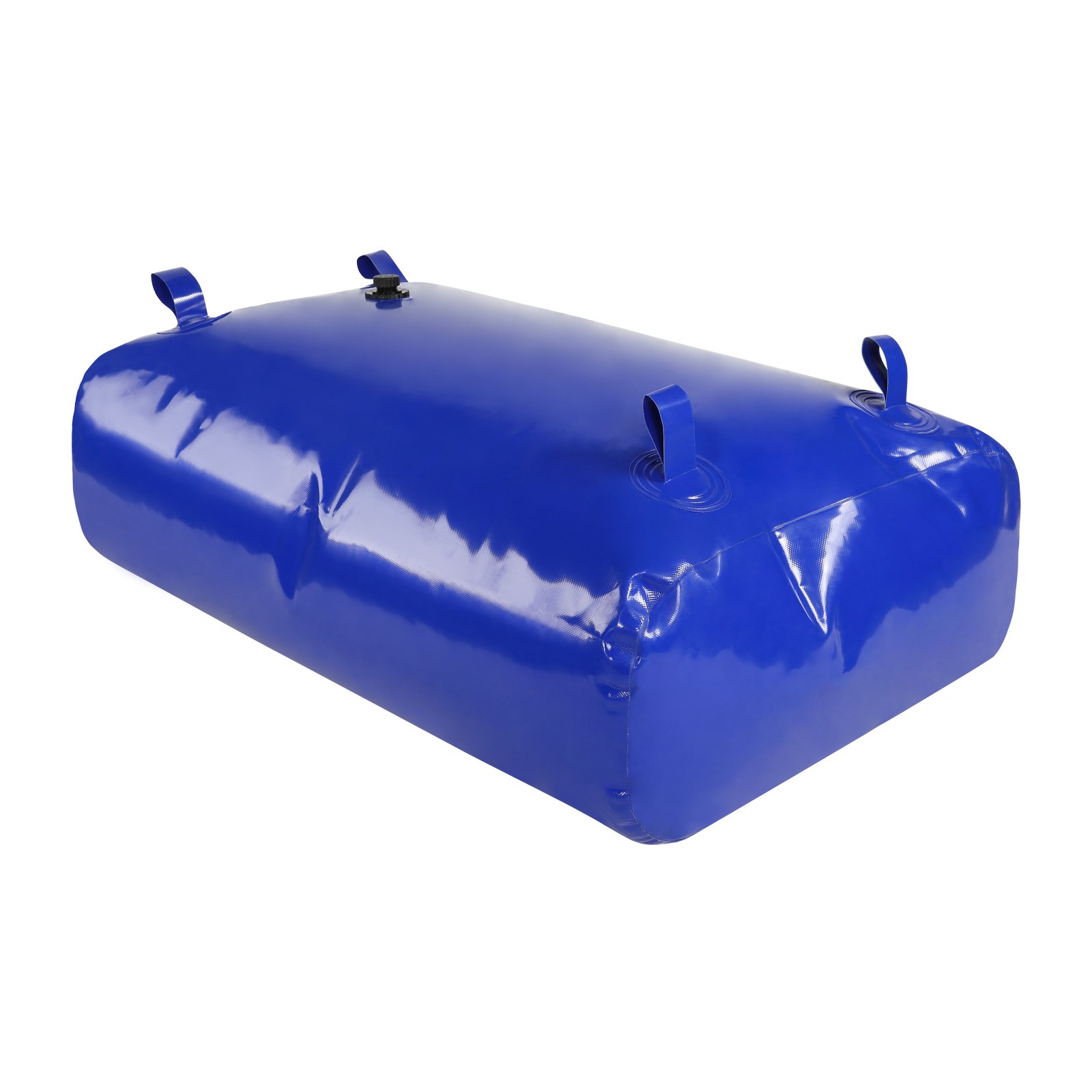blue rectangular VEVOR water tank with four handles and a valve on top.