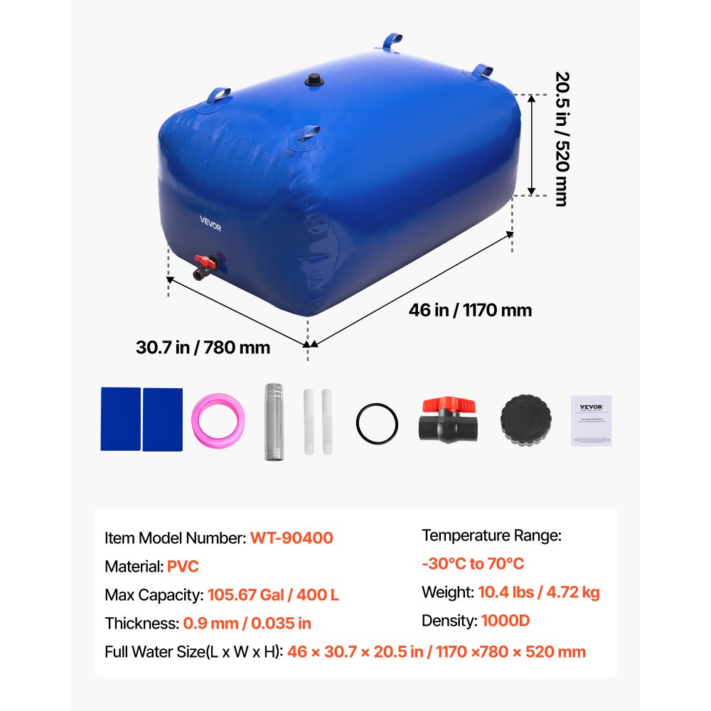 VEVOR Water Storage Bladder, 105.7 Gallon (400L) Water Storage Container Tank, 1000D PVC Large Capacity Soft Bag Bladder, Foldable Portable for Garden Irrigation, Camping, RV, Fire Prevention - Blue