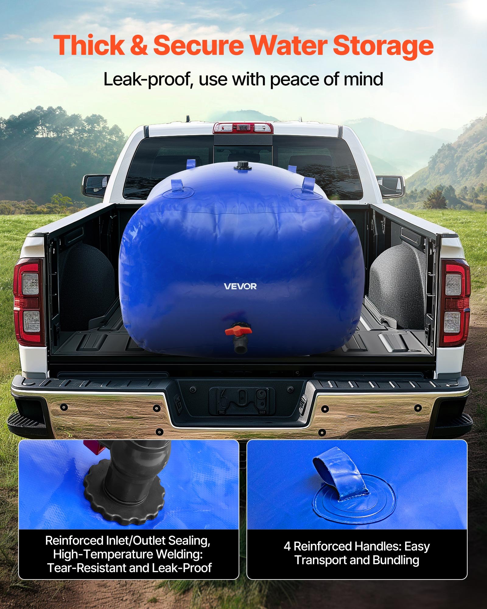 VEVOR Water Storage Bladder, 105.7 Gallon (400L) Water Storage Container Tank, 1000D PVC Large Capacity Soft Bag Bladder, Foldable Portable for Garden Irrigation, Camping, RV, Fire Prevention - Blue