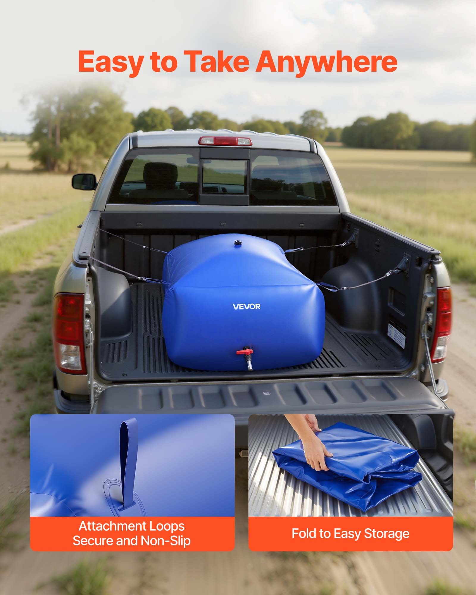 VEVOR Water Storage Bladder, 540L Portable & Collapsible Water Storage Bag, Wear-Resistant 1000D PVC Soft Waters Bag, Leakproof Camping Tank Containers for Garden Irrigation RV Emergency Use, Blue