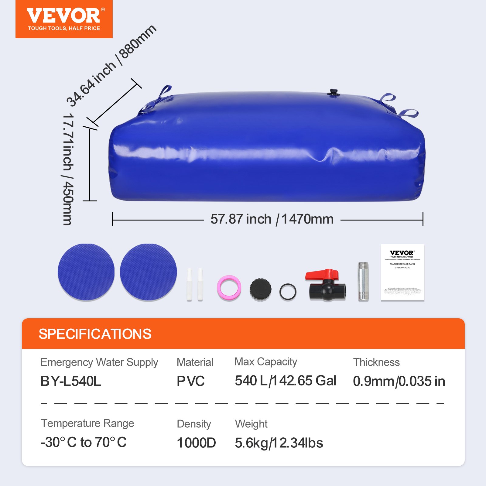 VEVOR Portable Water Storage Bladder 540.2 L 1000D PVC Collapsible Water Tank