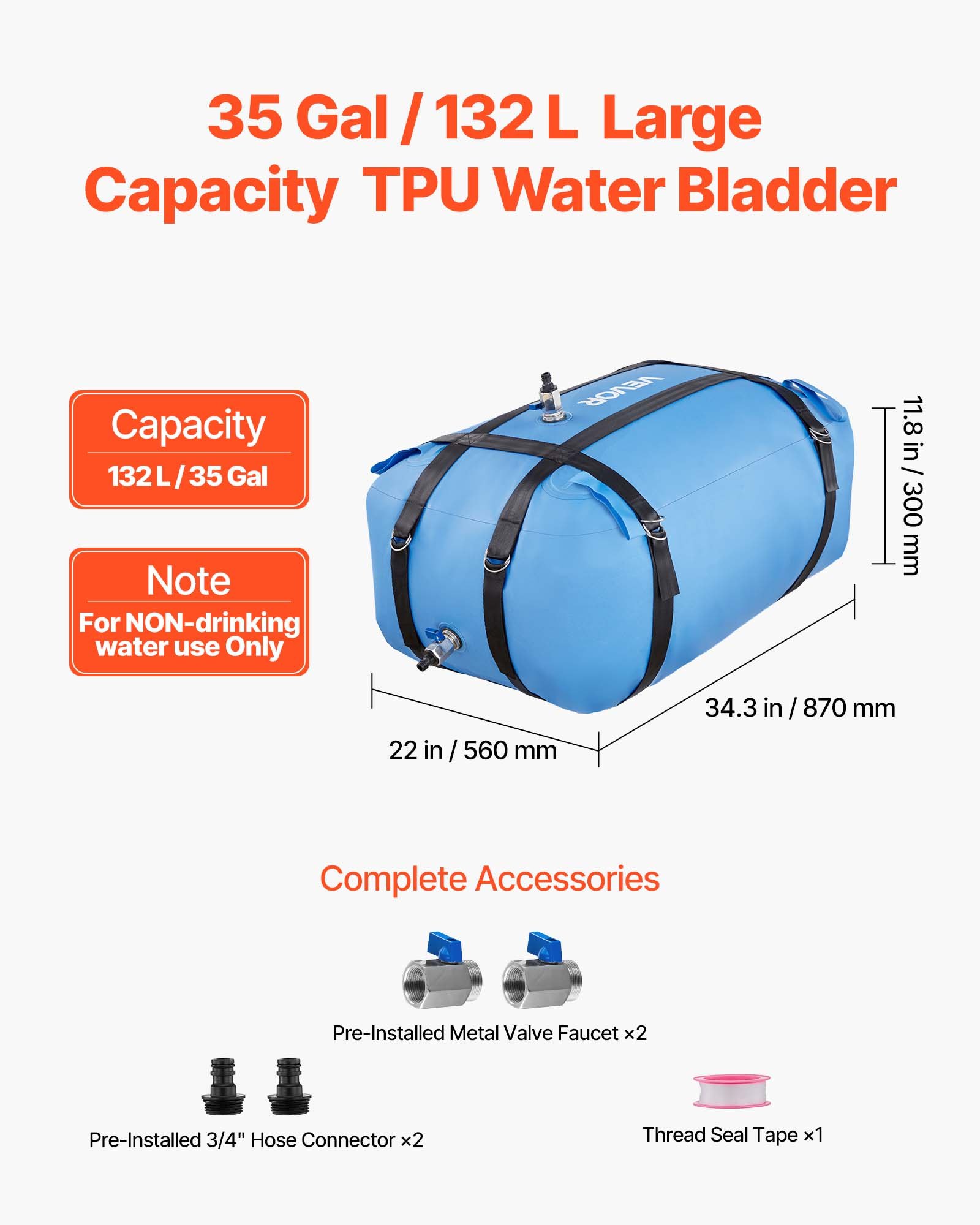 VEVOR Water Storage Bladder, 35 Gallon Large Capacity TPU Soft Water Bag, Portable & Collapsible Water Storage Containers, Leakproof & Wear-Resistant RV Waters Tank for Camping Irrigation Outdoor Use