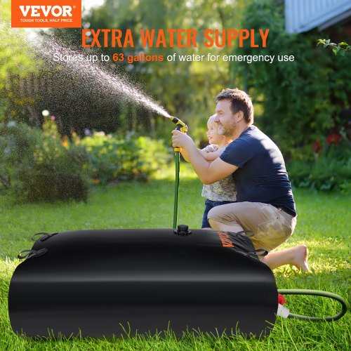 VEVOR Water Tank Bladder, 63 Gallon Large Capacity, PVC Collapsible Water Bladder Including Spigots and Overflow Kit, Portable Water Storage Bladder for Garden Water Catcher, Black